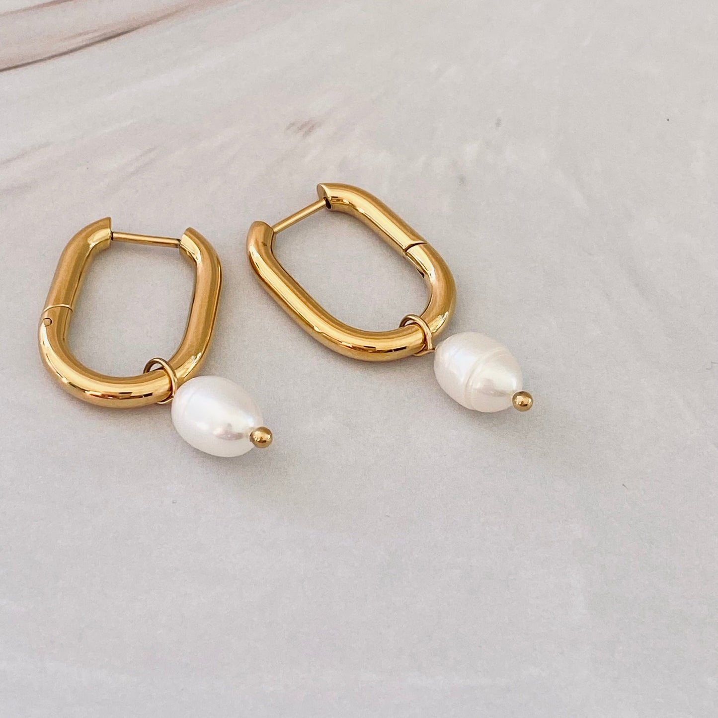 Merene Gold Square Hoop Earrings with Freshwater Pearls