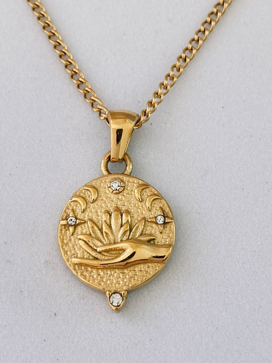 Gold Plated Lotus Hand Necklace