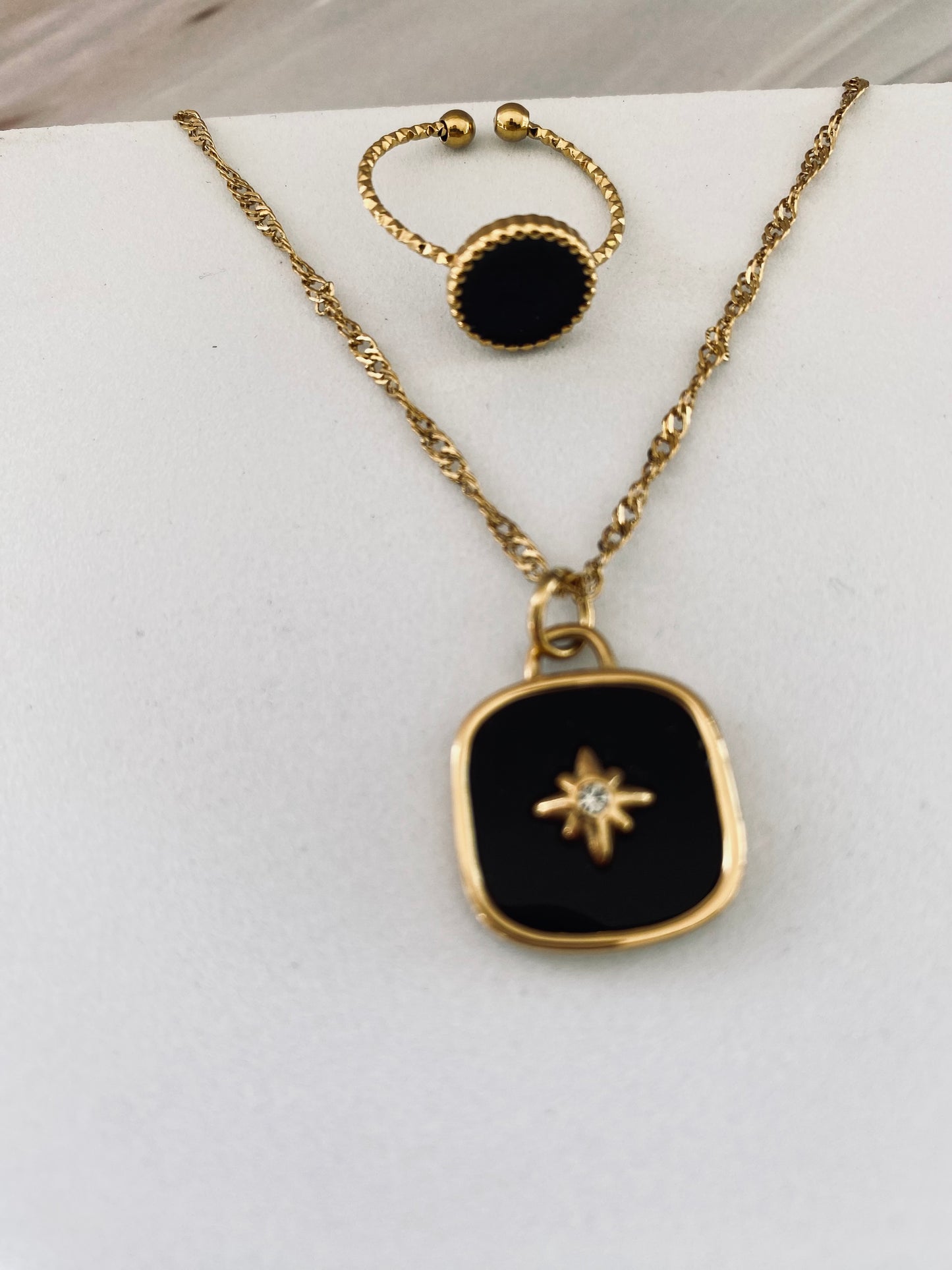 Mairo Tarnish Free Gold Ring with Black Stone